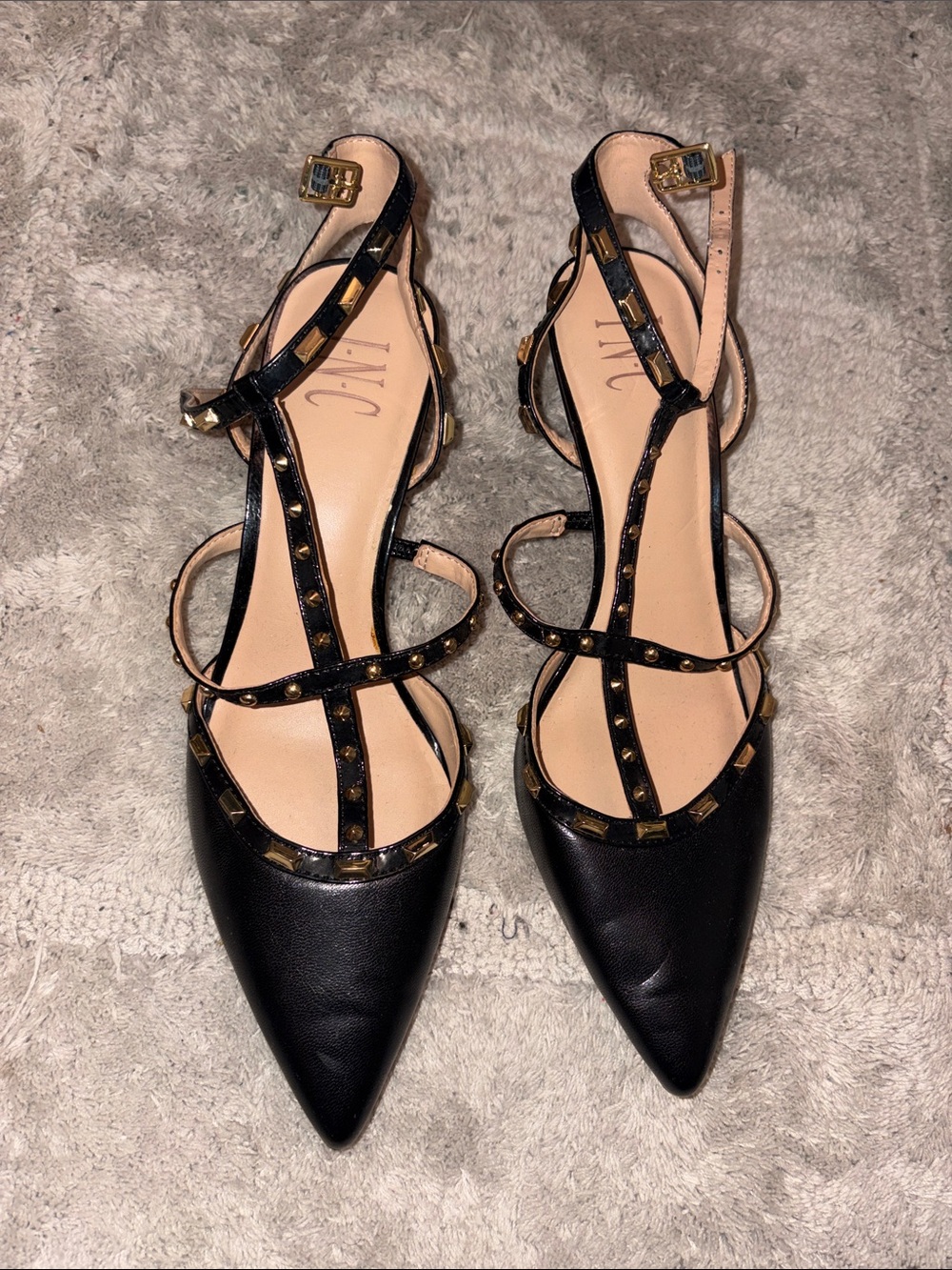 INC International Concepts Black Pointed T-Strap Studded Flats